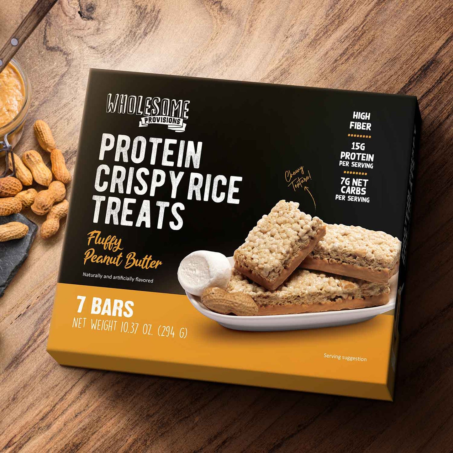 Peanut Butter Protein Rice Crispy Treats - 15g Protein, Low Carb 7g Net, High Fiber, Soft & Chewy - Wholesome Provisions