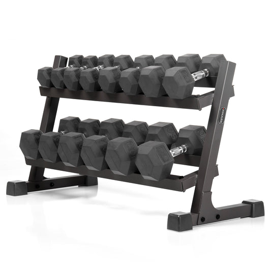 10 to 50 lbs. Rubber Hex Dumbbell Pairs Includes 2-Tier Storage Rack