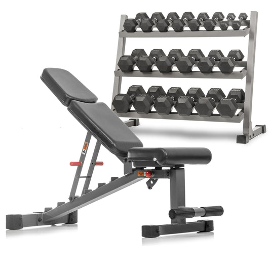 5-50 lb Hex Dumbbell Set with Rack and Weight Bench
