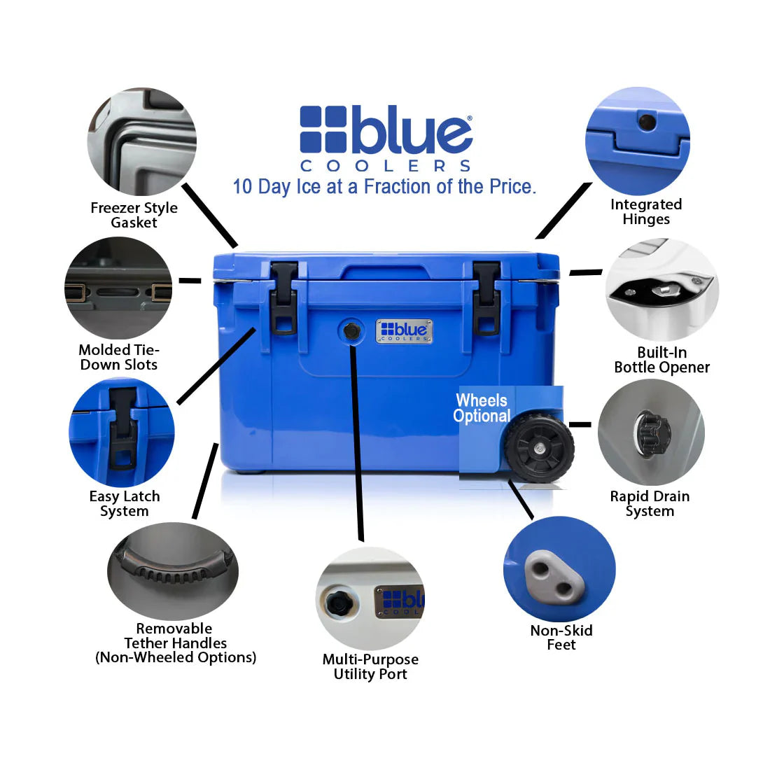 60 Quart Ice Vault Roto-Molded Cooler with Wheels - Blue Coolers - The Track and Field Store