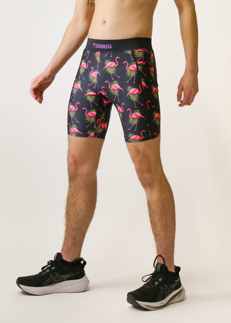 Men's Flamingos 8" Half Tights (Pink on Black) - ChicknLegs