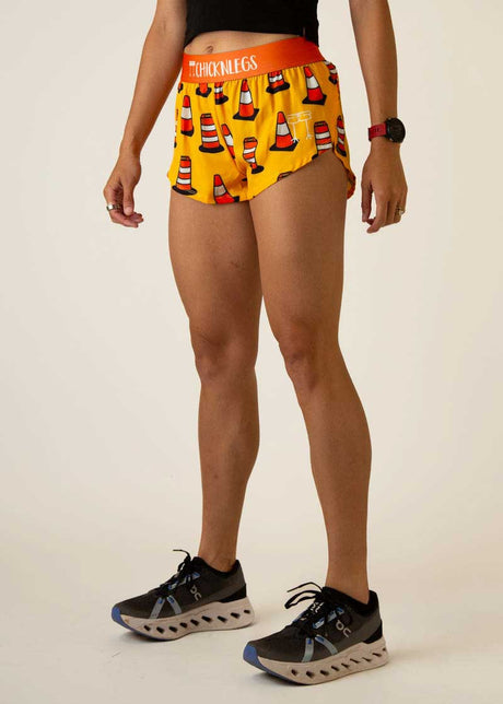 Women's Traffic Cones 1.5" Split Shorts (Yellow/Orange) - ChicknLegs Triathlete Store