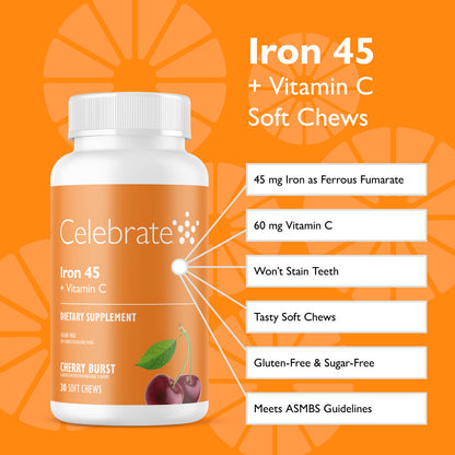 Iron 45 mg  + Vitamin C Soft Chews, Cherry Burst - Celebrate Vitamins Celebrate Vitamins