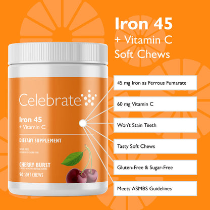 Iron 45 mg  + Vitamin C Soft Chews, Cherry Burst - Celebrate Vitamins Celebrate Vitamins