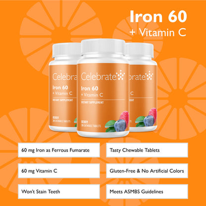 Iron 60 mg + Vitamin C Chewable Tablets, Berry - Celebrate Vitamins Celebrate Vitamins