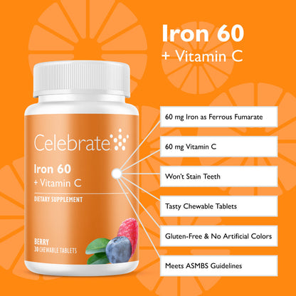 Iron 60 mg + Vitamin C Chewable Tablets, Berry - Celebrate Vitamins Celebrate Vitamins