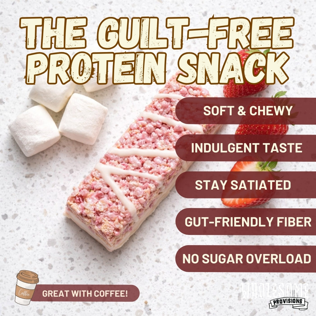 Strawberry Cream Protein Rice Crispy Treats - 15g Protein, Low Carb 4g Net, High Fiber, Soft & Chewy