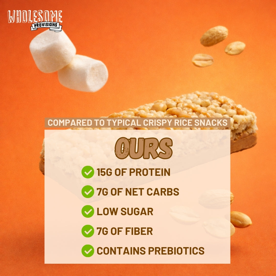 Peanut Butter Protein Rice Crispy Treats - 15g Protein, Low Carb 7g Net, High Fiber, Soft & Chewy