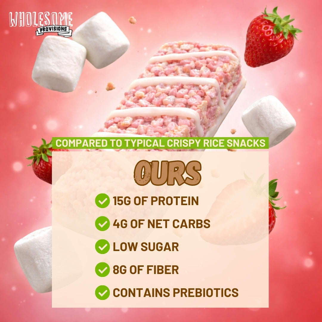 Strawberry Cream Protein Rice Crispy Treats - 15g Protein, Low Carb 4g Net, High Fiber, Soft & Chewy