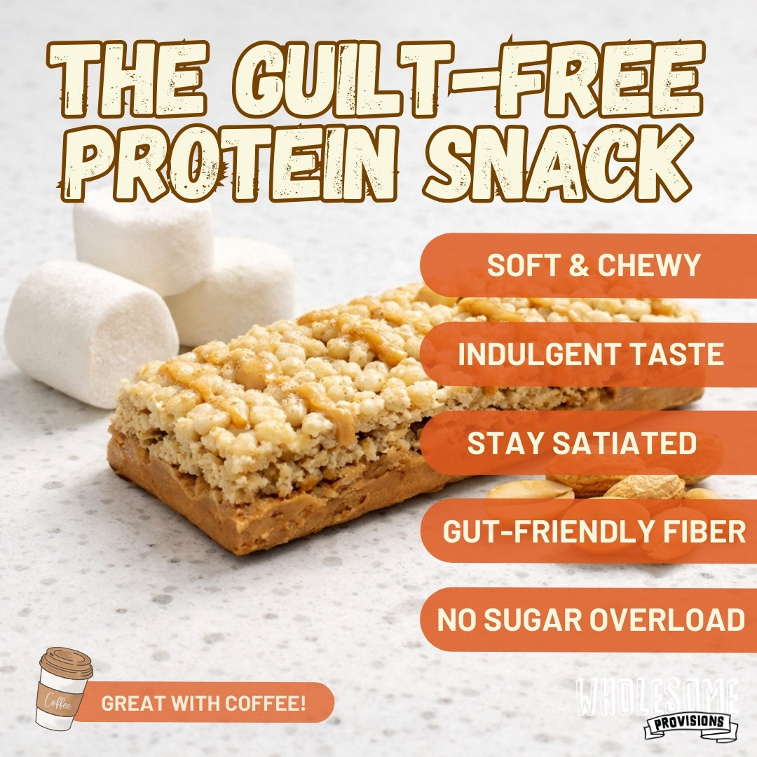 Peanut Butter Protein Rice Crispy Treats - 15g Protein, Low Carb 7g Net, High Fiber, Soft & Chewy