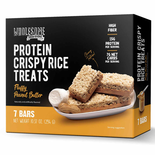 Peanut Butter Protein Rice Crispy Treats - 15g Protein, Low Carb 7g Net, High Fiber, Soft & Chewy - Wholesome Provisions