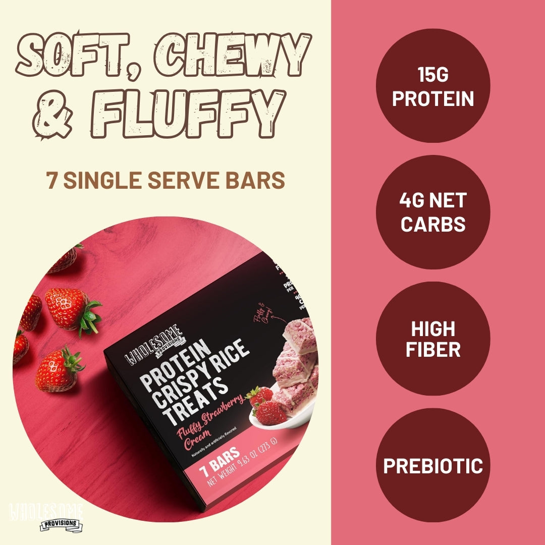 Strawberry Cream Protein Rice Crispy Treats - 15g Protein, Low Carb 4g Net, High Fiber, Soft & Chewy