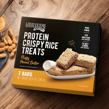 Peanut Butter Protein Rice Crispy Treats - 15g Protein, Low Carb 7g Net, High Fiber, Soft & Chewy - Wholesome Provisions