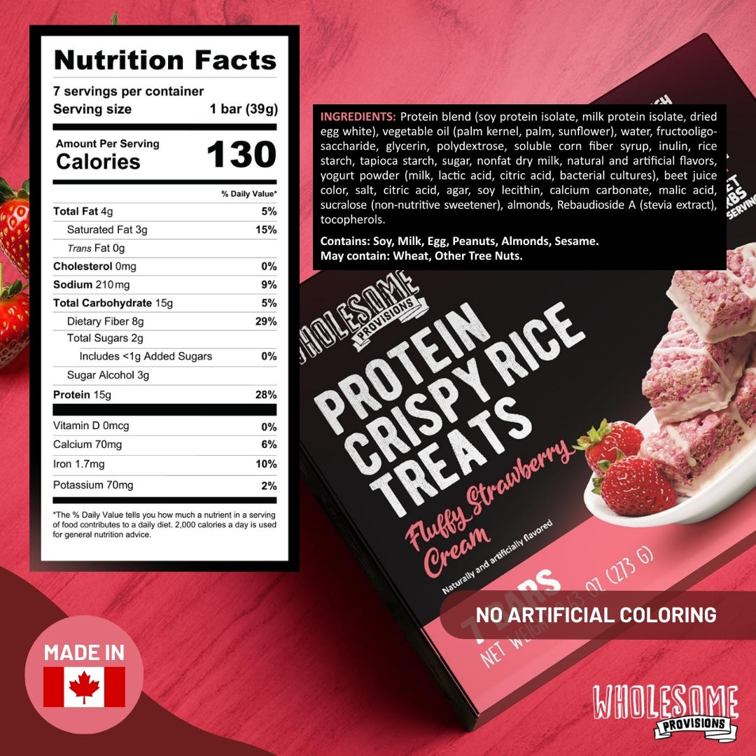 Strawberry Cream Protein Rice Crispy Treats - 15g Protein, Low Carb 4g Net, High Fiber, Soft & Chewy