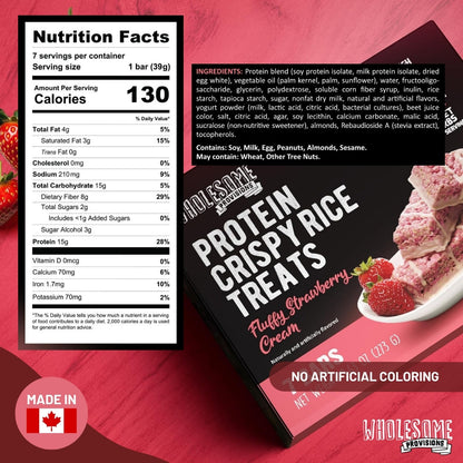 Strawberry Cream Protein Rice Crispy Treats - 15g Protein, Low Carb 4g Net, High Fiber, Soft & Chewy