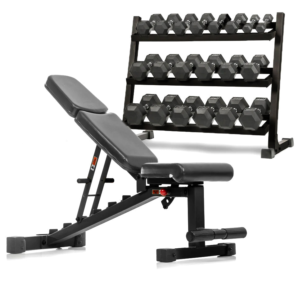 5-50 lb Hex Dumbbell Set with Rack and Weight Bench