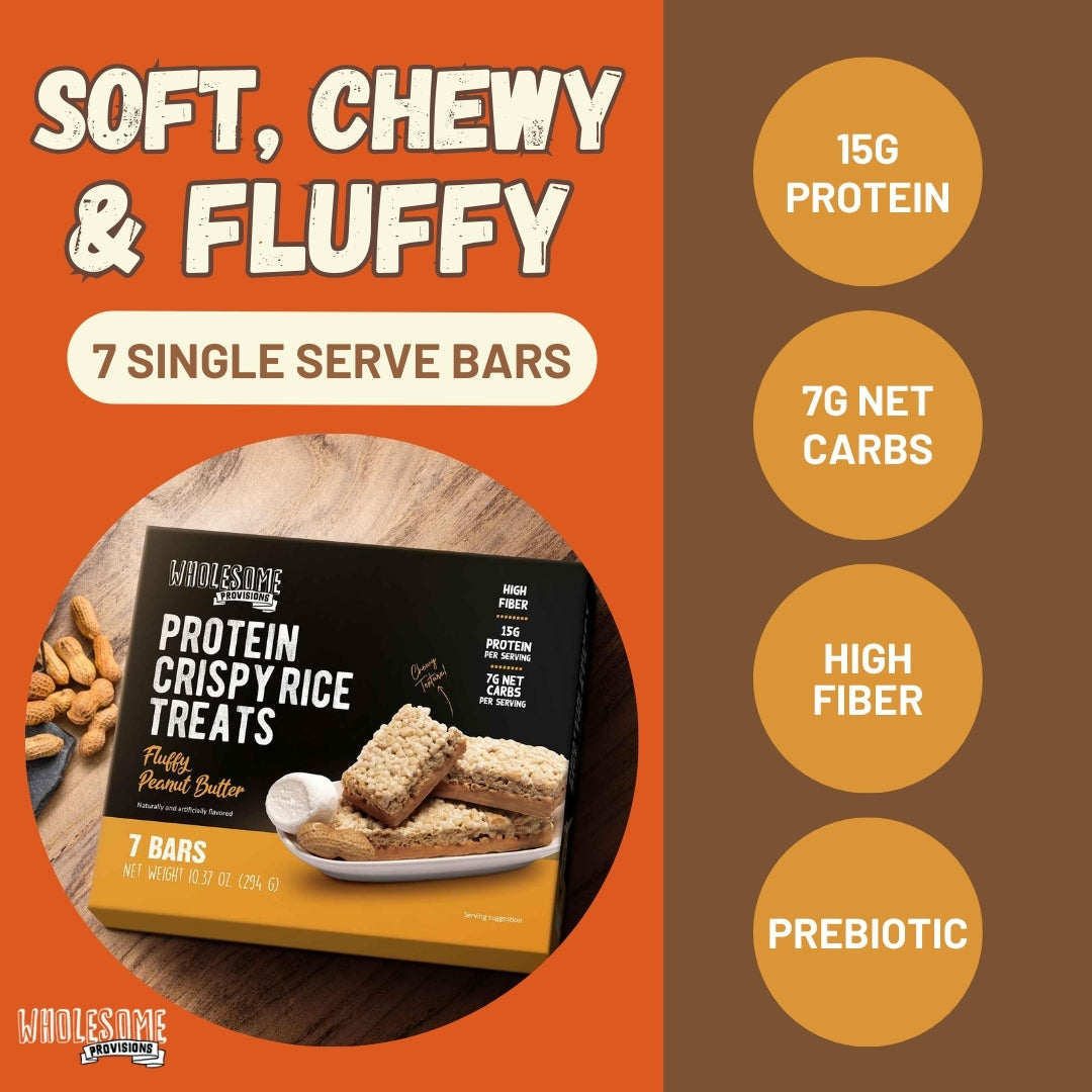 Peanut Butter Protein Rice Crispy Treats - 15g Protein, Low Carb 7g Net, High Fiber, Soft & Chewy