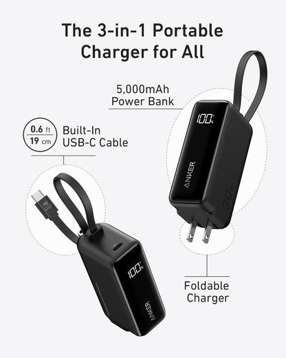 Anker Power Bank (30W, 5k,  Fusion, Built-In USB-C Cable) Anker
