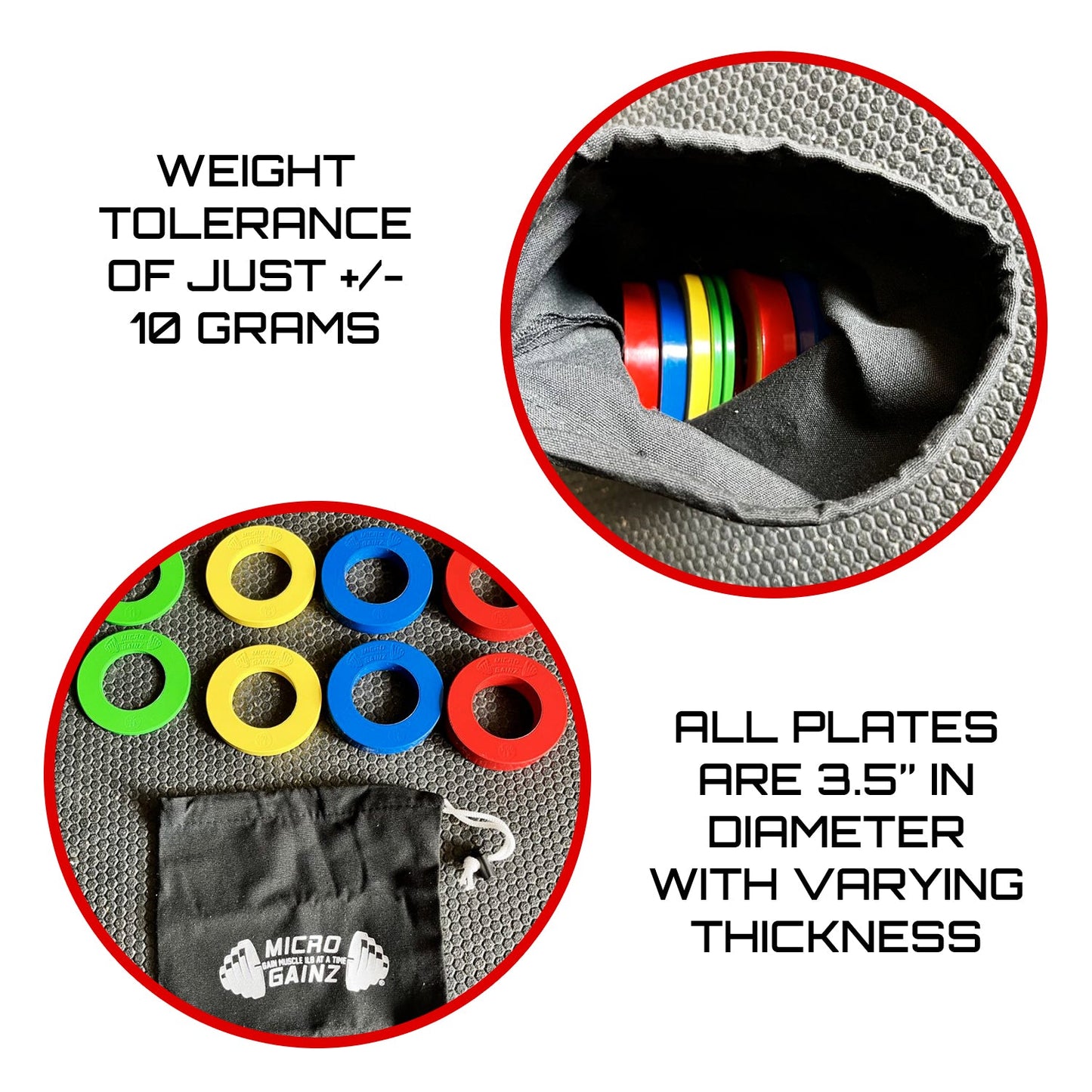 Micro Gainz Olympic Size Fractional Weight Plates Set of 8 Plates .25LB-1LB  w/ Bag