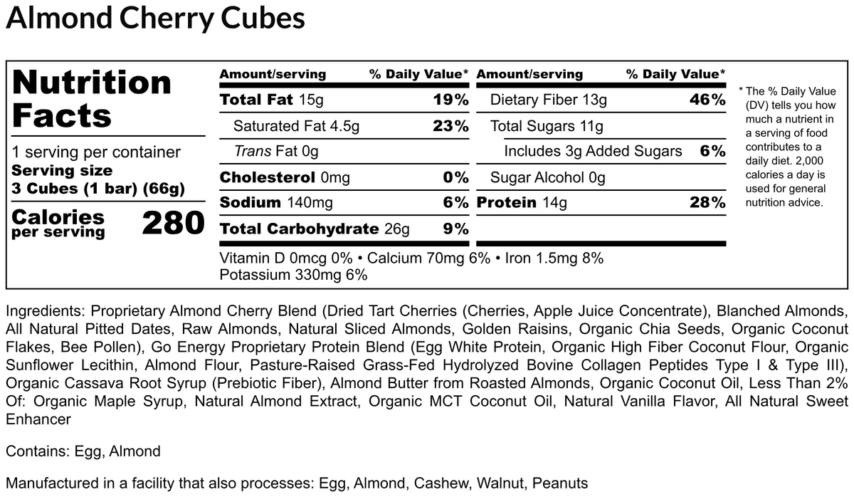 Almond Cherry E3 Energy Cubes | High-Fiber, All-Natural Protein Bars (12 bars)