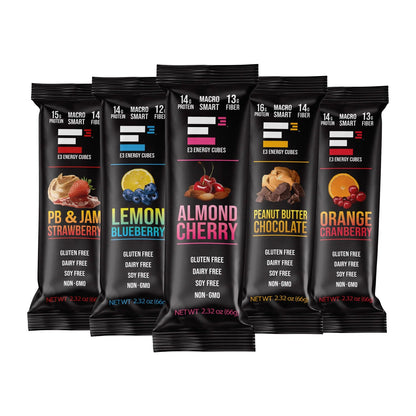 5 Flavor Variety Pack E3 Energy Cubes - Protein Bars (12 bars mixed flavors) - The Track and Field Store