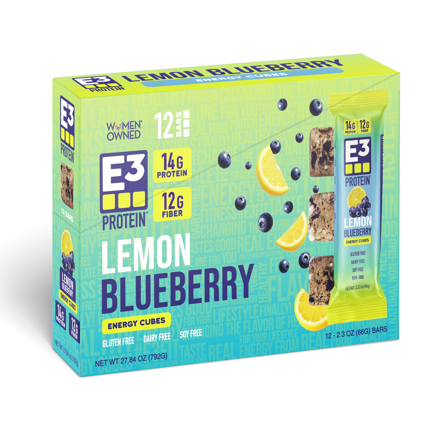 Lemon Blueberry E3 Energy Cubes | High-Fiber, All-Natural Protein Bars (12 bars)