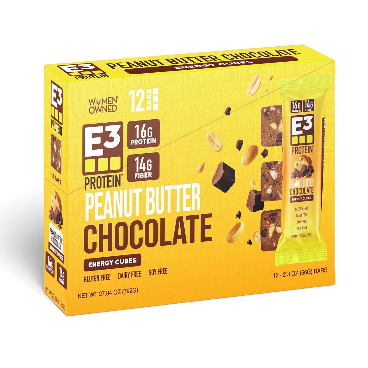 Peanut Butter & Chocolate E3 Energy Cubes | High-Fiber, All-Natural Protein Bars (12 bars)
