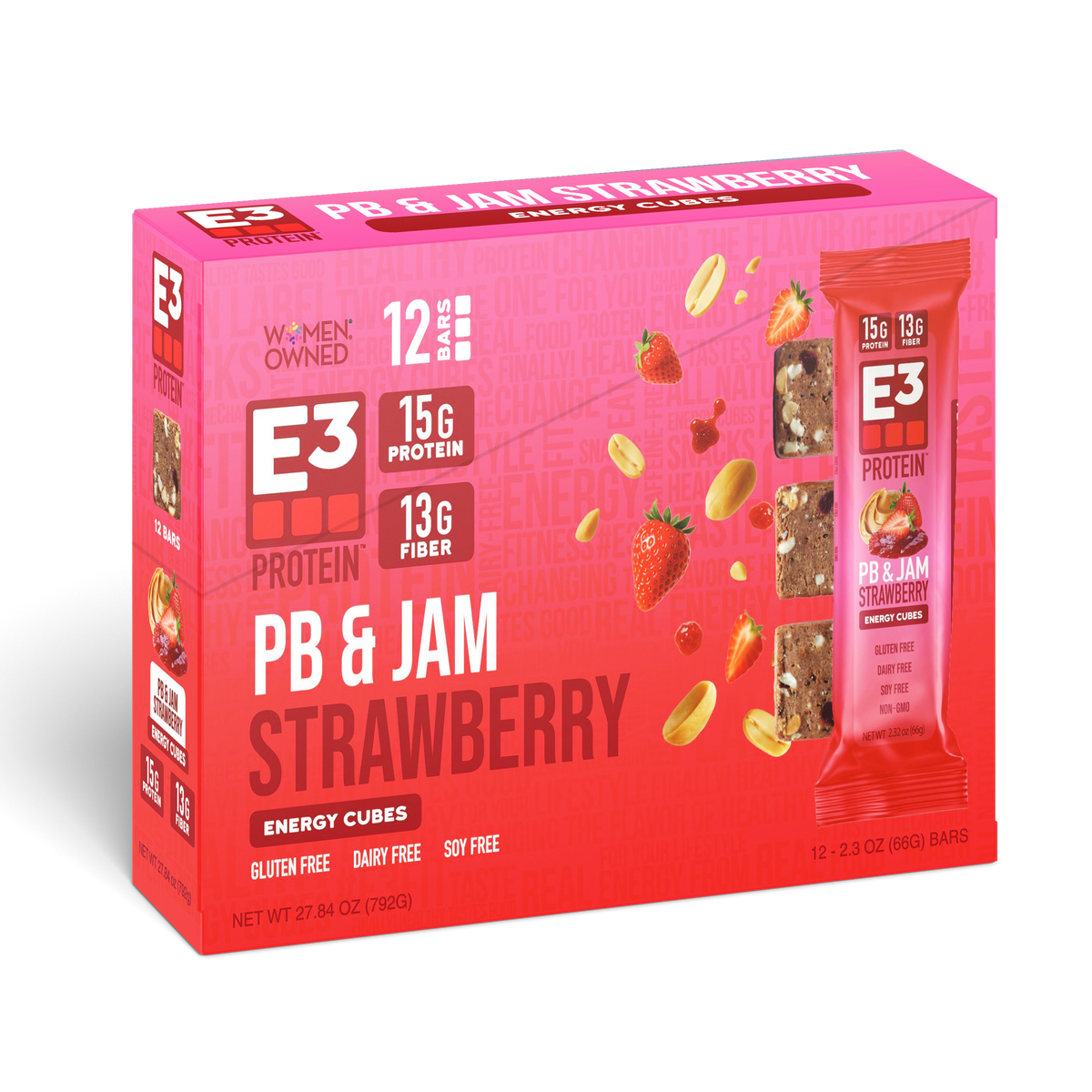 PB & Jam Strawberry E3 Energy Cubes | High-Fiber, All-Natural Protein Bars (12 bars)
