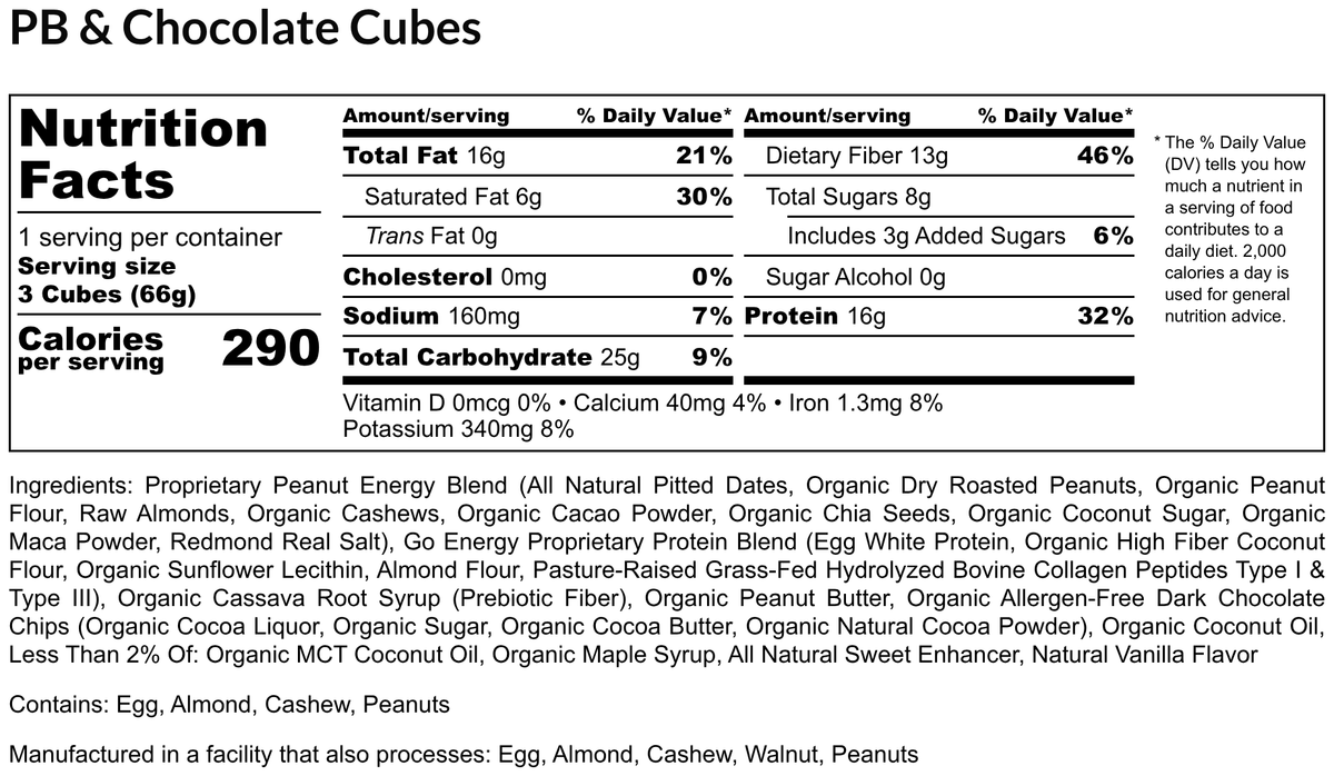 Peanut Butter & Chocolate E3 Energy Cubes | High-Fiber, All-Natural Protein Bars (12 bars)