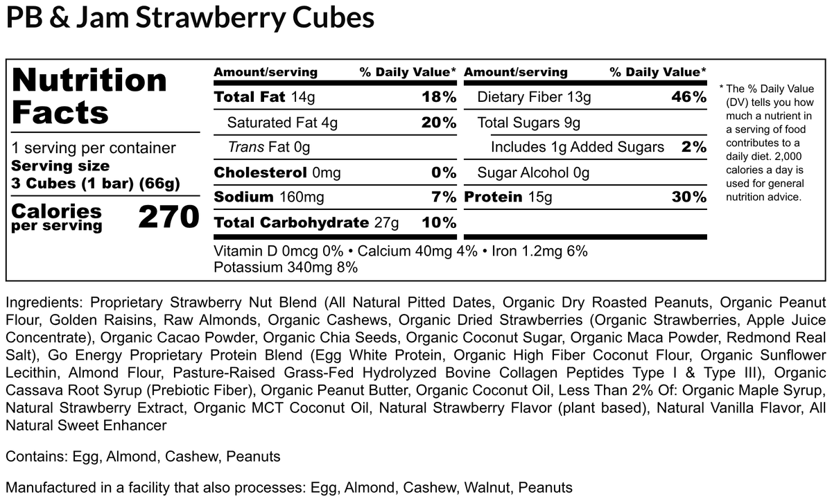 PB & Jam Strawberry E3 Energy Cubes | High-Fiber, All-Natural Protein Bars (12 bars)