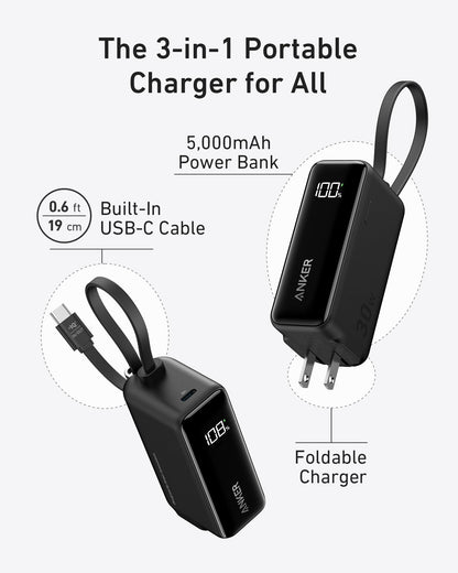 Anker Power Bank (30W, 5k,  Fusion, Built-In USB-C Cable) Anker