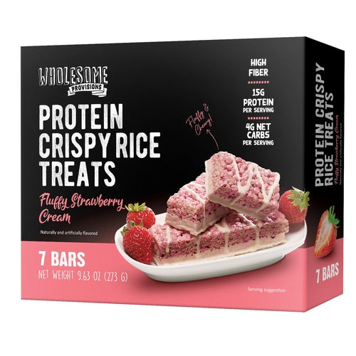 Strawberry Cream Protein Rice Crispy Treats - 15g Protein, Low Carb 4g Net, High Fiber, Soft & Chewy - Wholesome Provisions