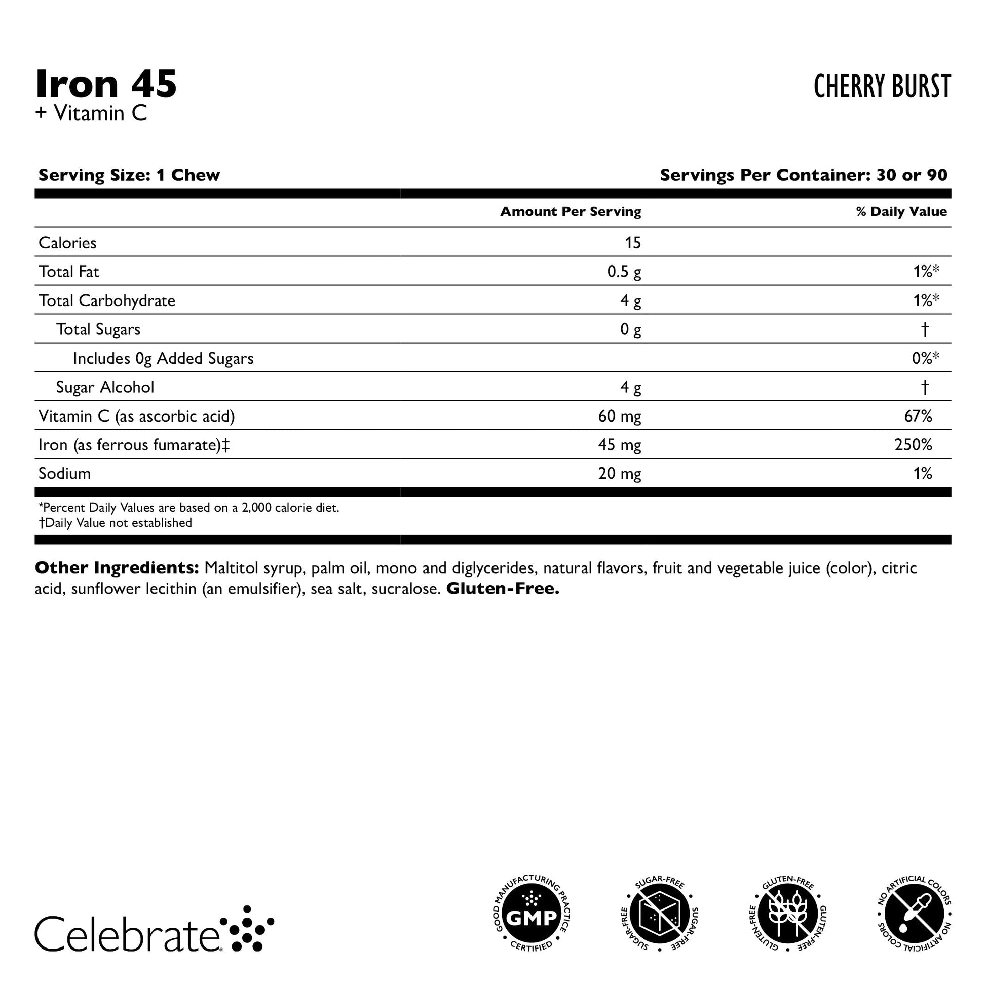 Iron 45 mg  + Vitamin C Soft Chews, Cherry Burst - Celebrate Vitamins Celebrate Vitamins