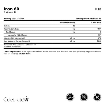 Iron 60 mg + Vitamin C Chewable Tablets, Berry - Celebrate Vitamins Celebrate Vitamins