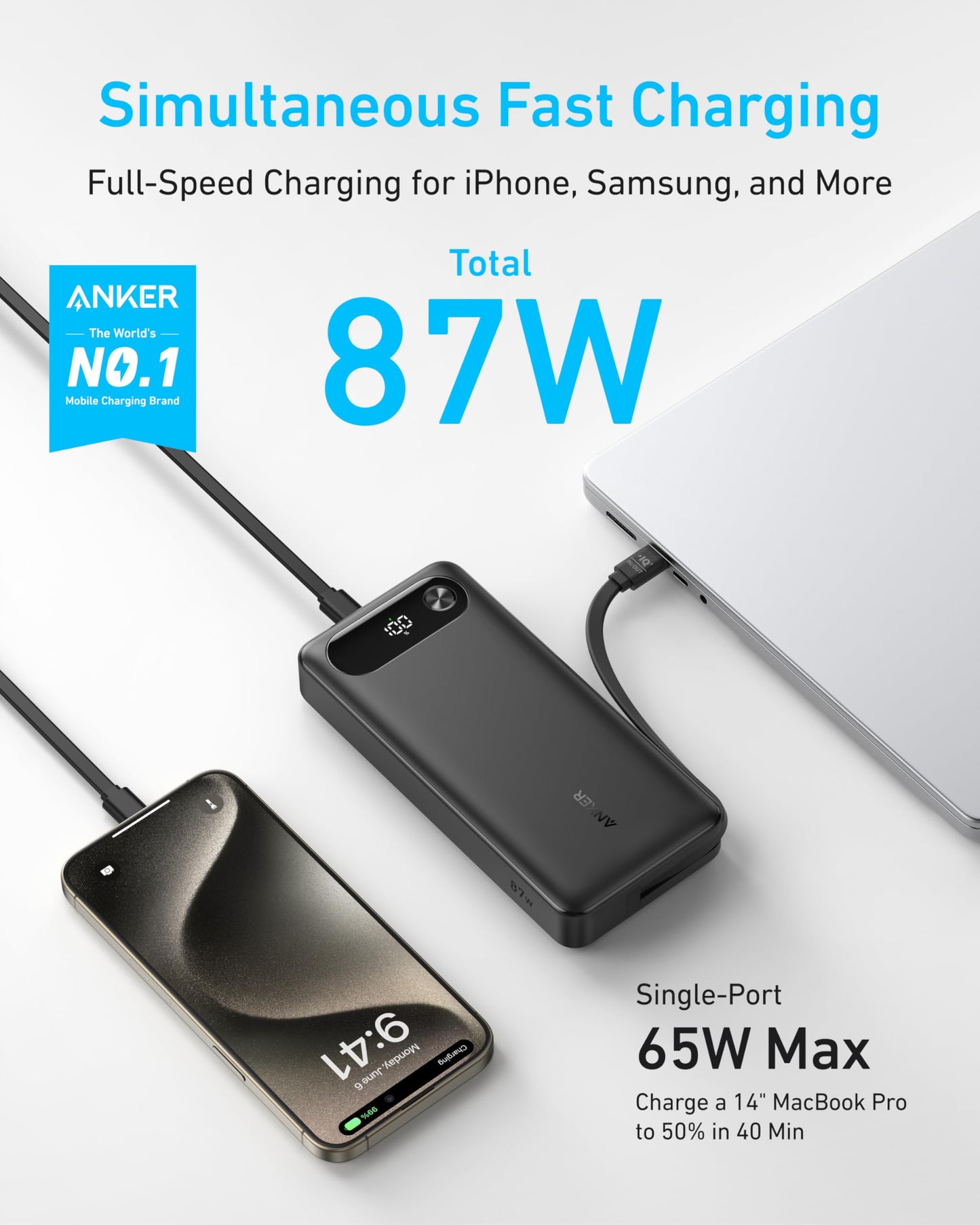 Anker Power Bank (20K, 87W, Built-In USB-C Cable) Anker