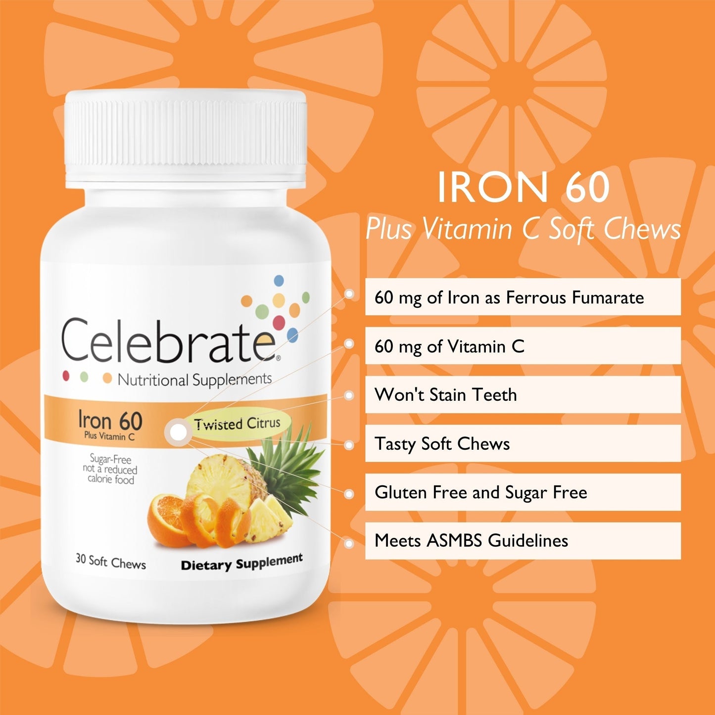 Iron 60 mg  + Vitamin C Soft Chews, Twisted Citrus - Celebrate Vitamins Celebrate Vitamins