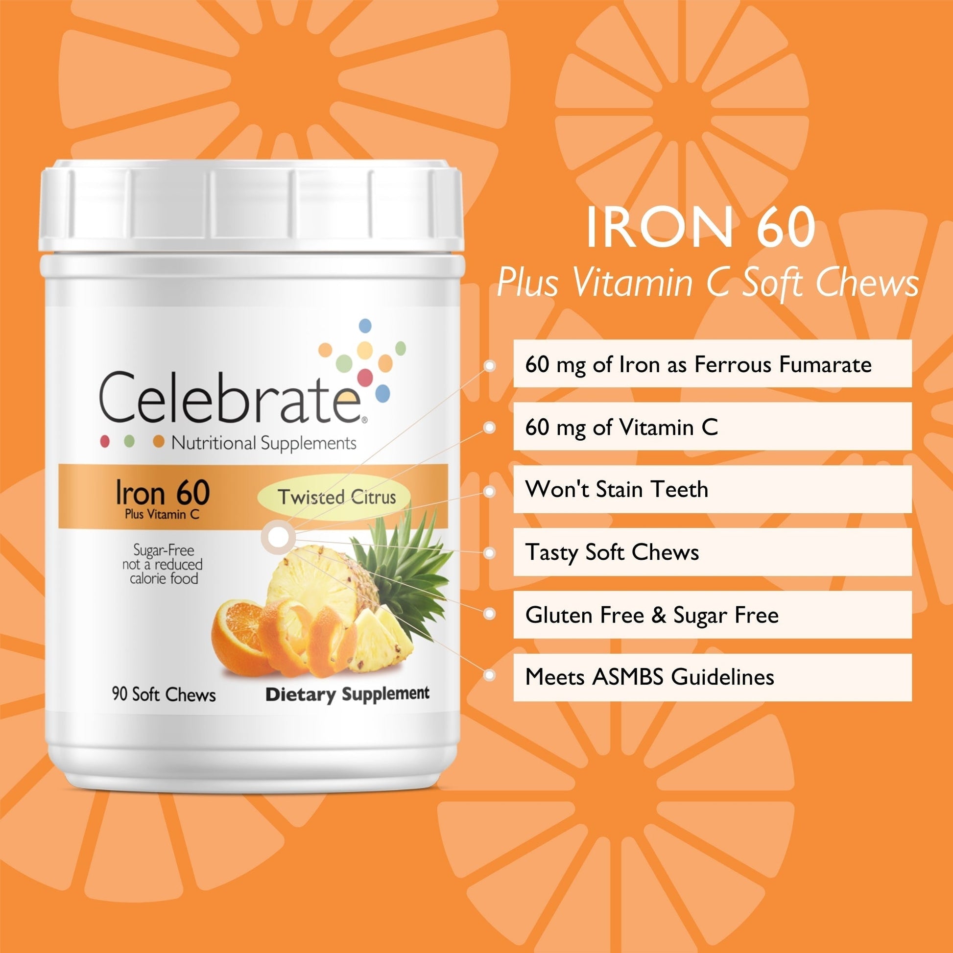 Iron 60 mg  + Vitamin C Soft Chews, Twisted Citrus - Celebrate Vitamins Celebrate Vitamins