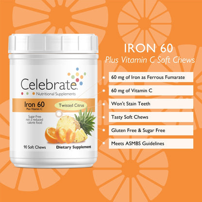 Iron 60 mg  + Vitamin C Soft Chews, Twisted Citrus - Celebrate Vitamins Celebrate Vitamins