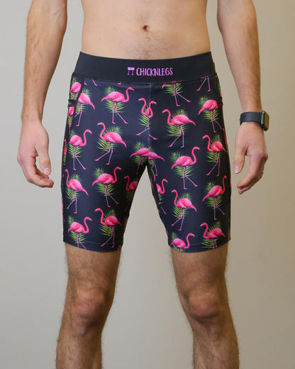 Men's Flamingos 8" Half Tights (Pink on Black) - ChicknLegs