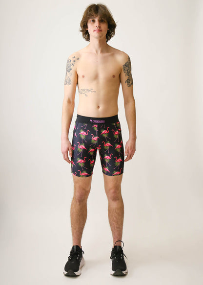 Men's Flamingos 8" Half Tights (Pink on Black) - ChicknLegs