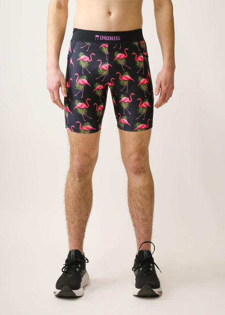 Men's Flamingos 8" Half Tights (Pink on Black) - ChicknLegs