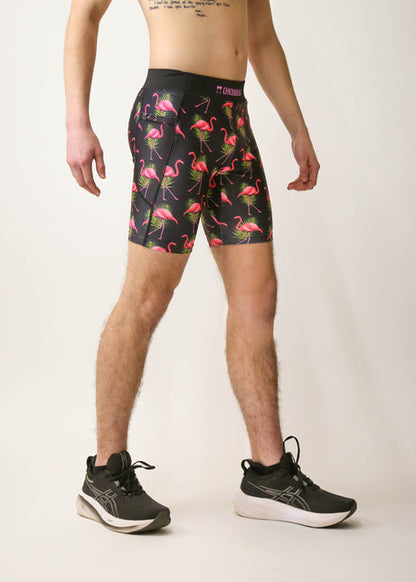 Men's Flamingos 8" Half Tights (Pink on Black) - ChicknLegs