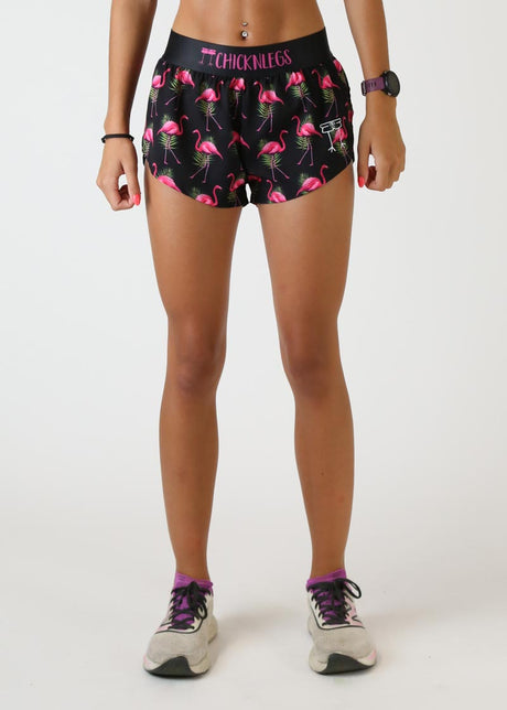 Women's Flamingos 1.5" Split Shorts (Black with Pink) - ChicknLegs