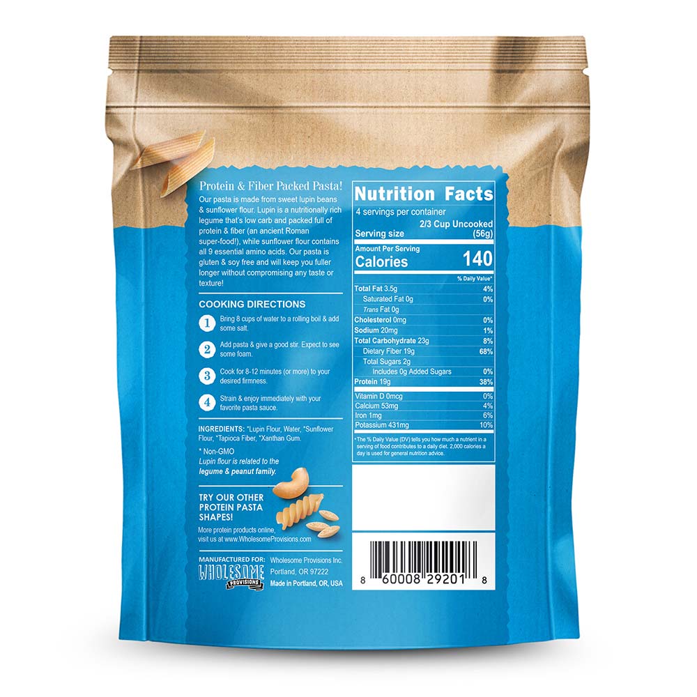 Penne Protein Pasta - 19g Protein & 4g Net Carb, Lupin Pasta, Keto Pasta, Gluten Free, 8 oz. - Wholesome Provisions